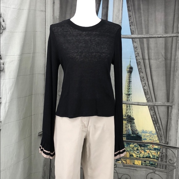Zara Black and Tan Ruffle Sleeve Linen Sweater Top - Picture 1 of 7
